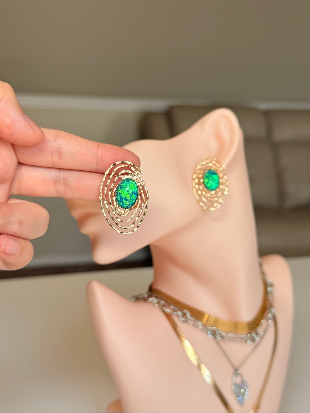 Gold-Tone Earrings with Green Opal Center - Women Jewelry - Picture 3 of 11